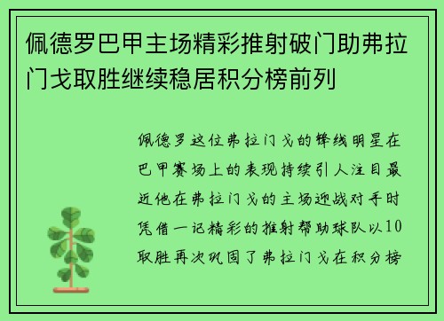 佩德罗巴甲主场精彩推射破门助弗拉门戈取胜继续稳居积分榜前列