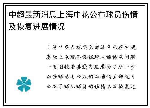 中超最新消息上海申花公布球员伤情及恢复进展情况 中超最新消息上海申花公布球员伤情及恢复进展情况